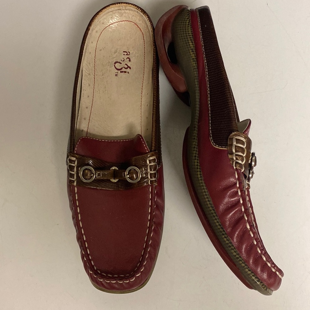 ASGI Red Leather Slip On Mule Loafer Shoes Size 8M